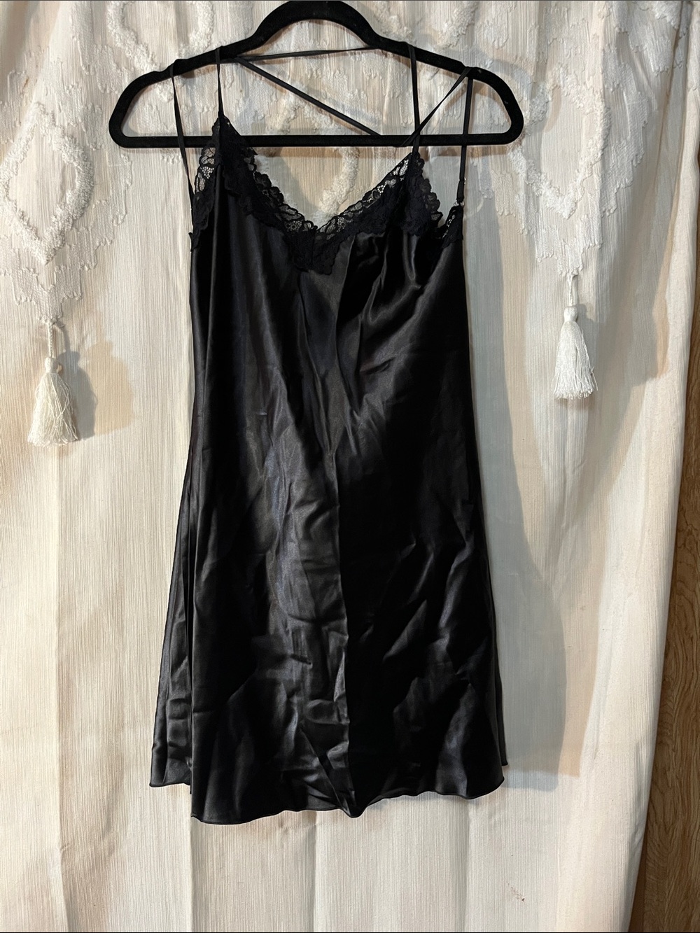 Black Lace-Trim Satin Slip Dress - Women Intimates